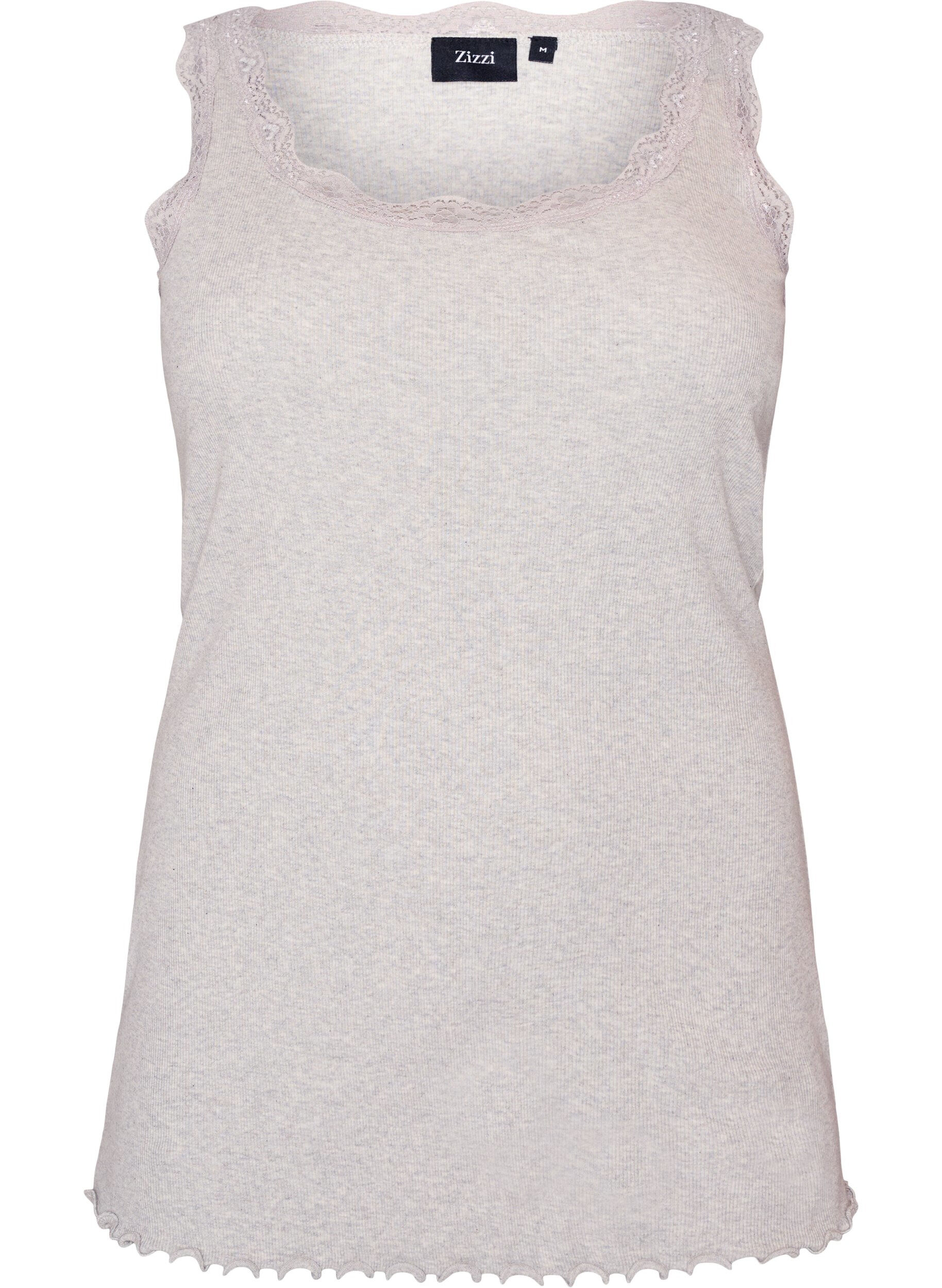 ZizzifashionRibbed top with lace trim, Grey, Packshot image number 0