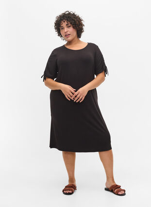 Short sleeved viscose dress with tie detail, Black, Model image number 3