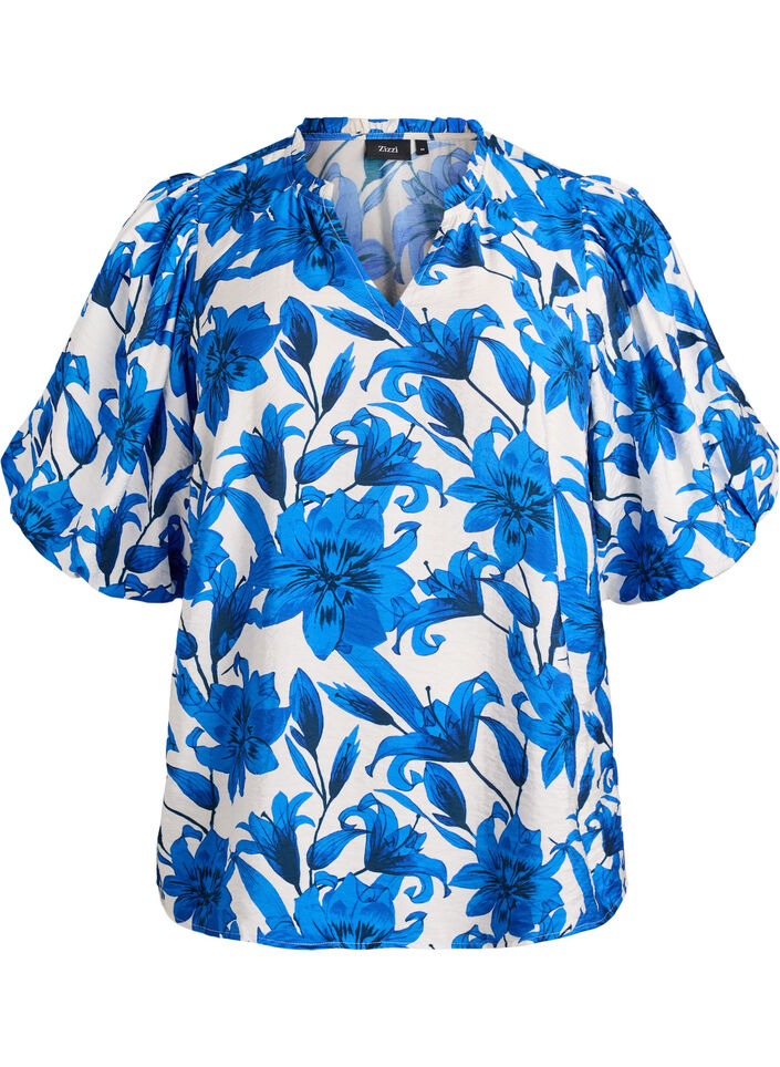 Blouse with floral print and short balloon sleeves, Vanilla, Packshot image number 0
