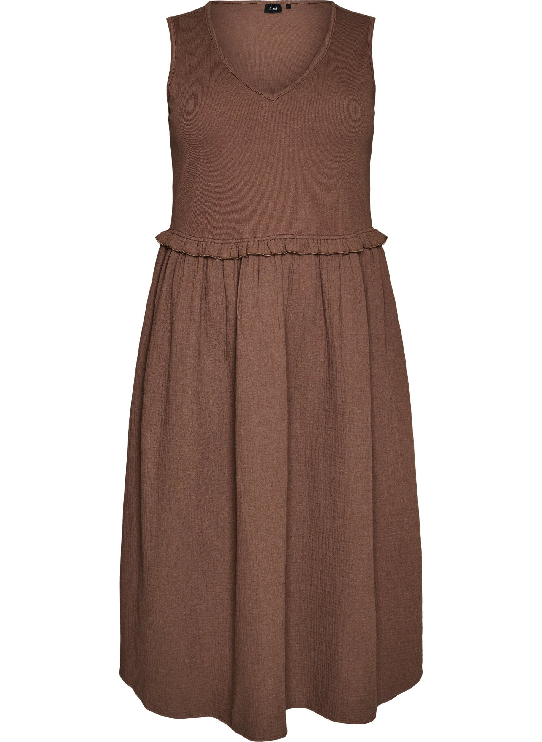ZizzifashionSleeveless cotton midi dress with rib and muslin, Brown, Packshot image number 0
