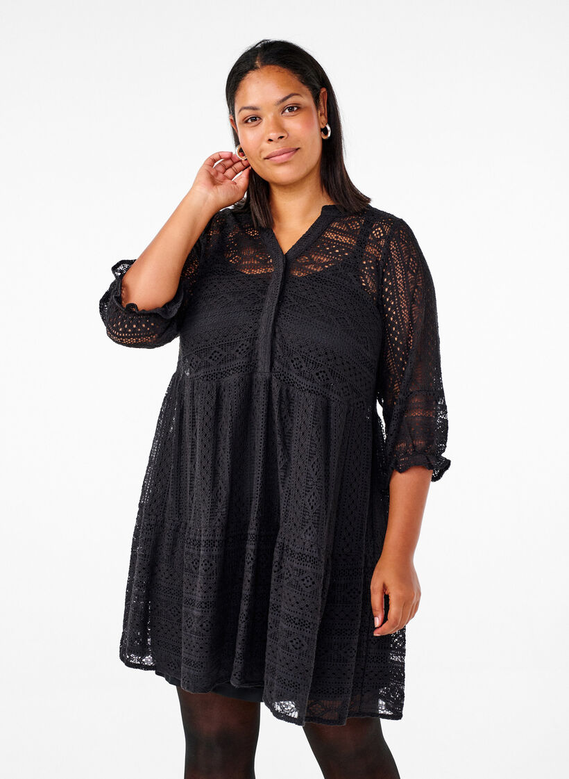 Short lace dress with 3/4 sleeves, Black, Model image number 2