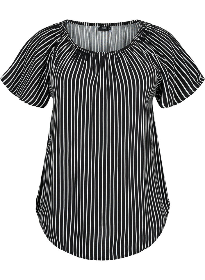 Striped viscose blouse with short sleeves, Black/ White Stripe, Packshot image number 0