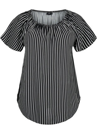 Striped viscose blouse with short sleeves, Black/ White Stripe, Packshot image number 0