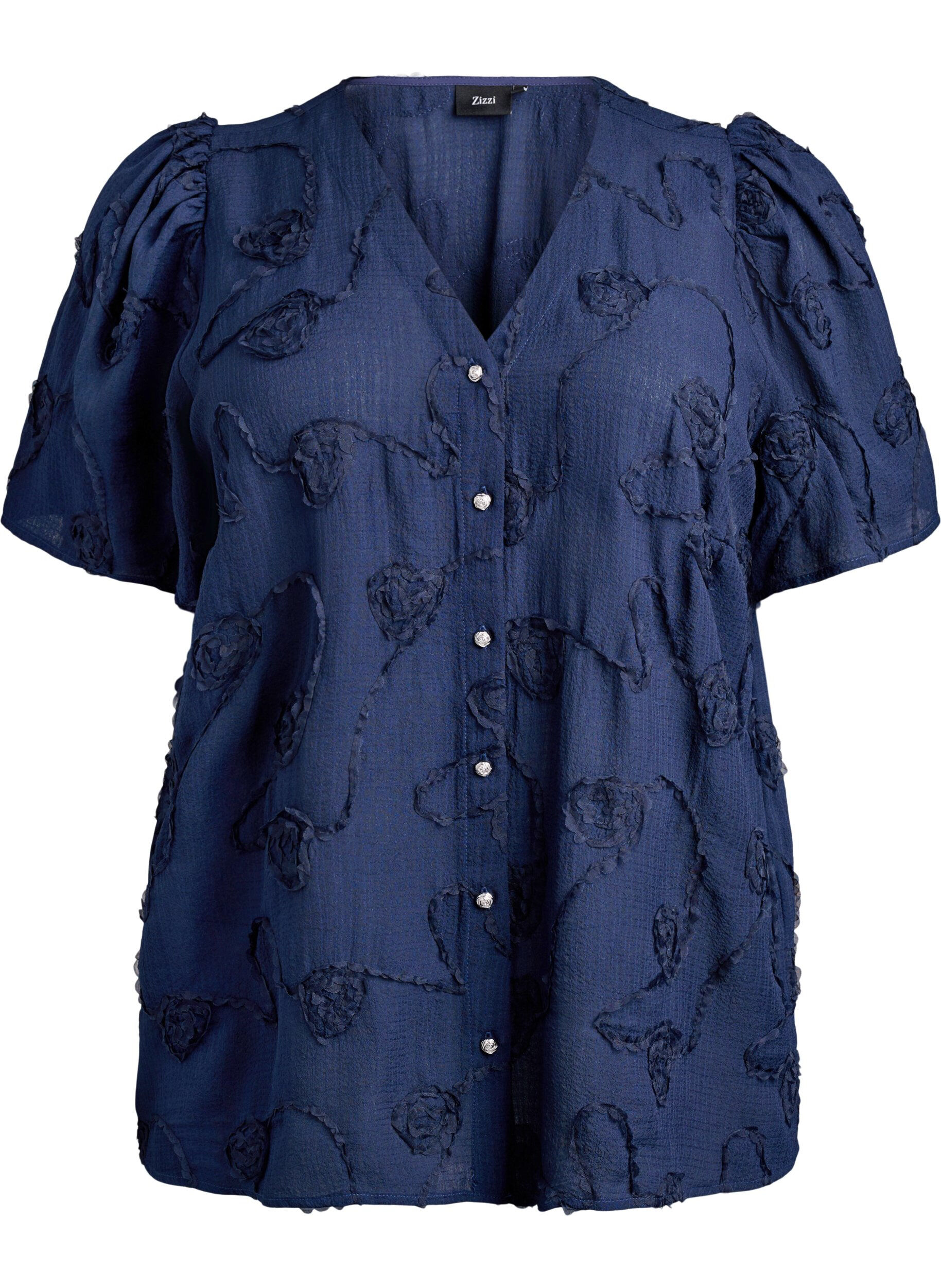 Zizzifashion Short-sleeved shirt blouse with 3D floral effect, Blue, Packshot image number 0