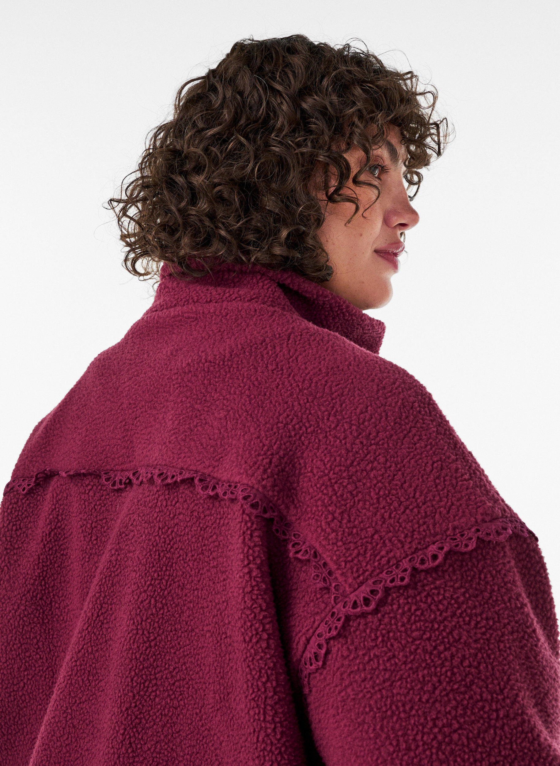 ZizzifashionTeddy jacket with eyelet embroidery trim and high collar, Red, Model image number 3