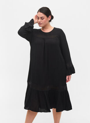 viscose dress with lace detail, Black, Model image number 0
