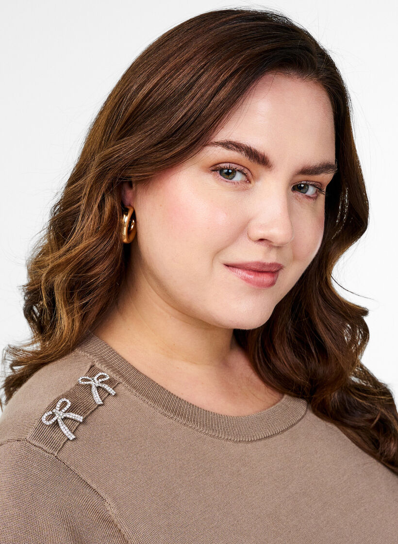 Knitted blouse with short sleeves and small bows, Beige, Image image number 0