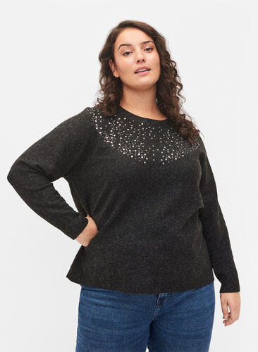 Melange knitted top with sequins, Dark Grey Melange, Model image number 0