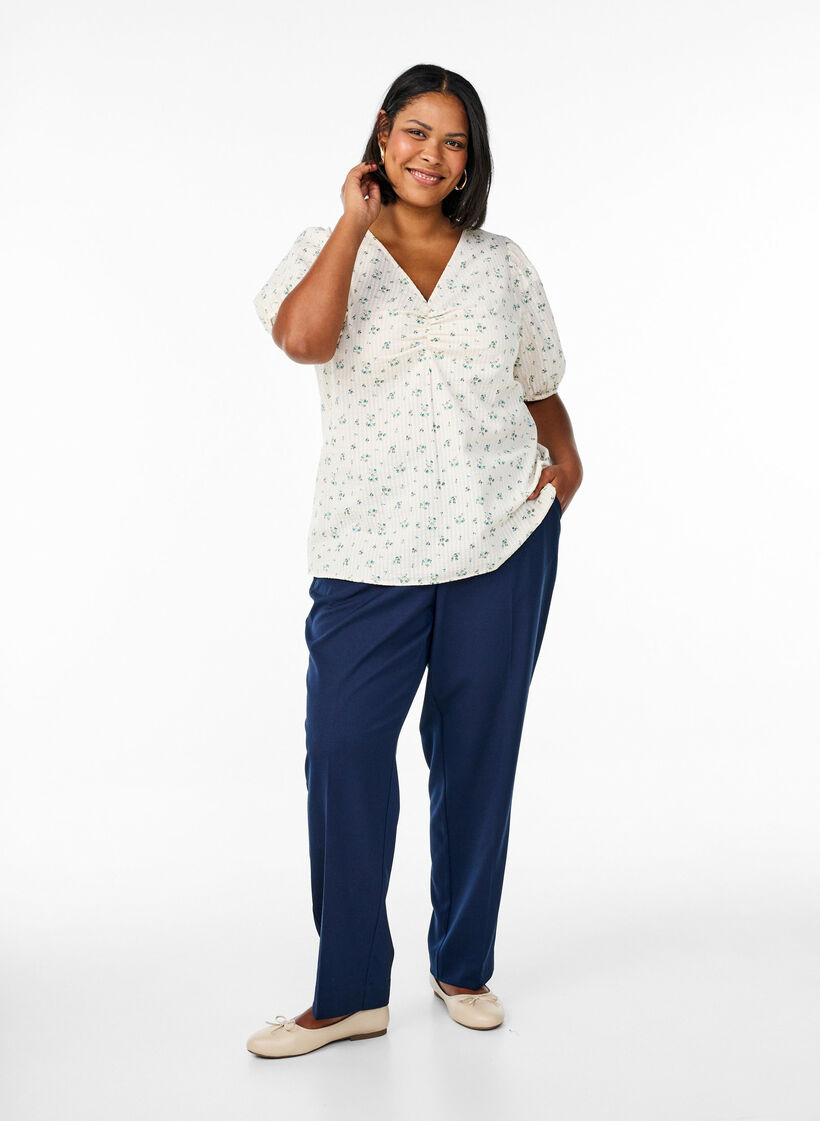 Blouse with short puff sleeves and ruching detail, White, Model image number 1