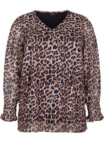 Leo blouse with long sleeves and v-neck, Leopard AOP, Packshot image number 0