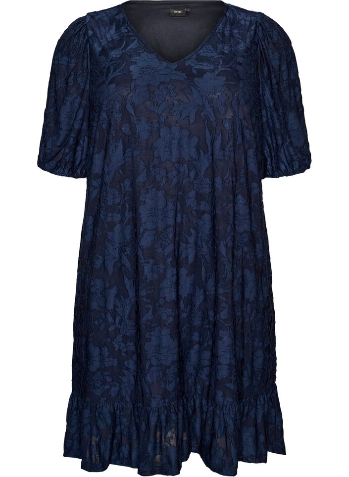 Dress with floral texture and ruffle trim, Blue, Packshot image number 0