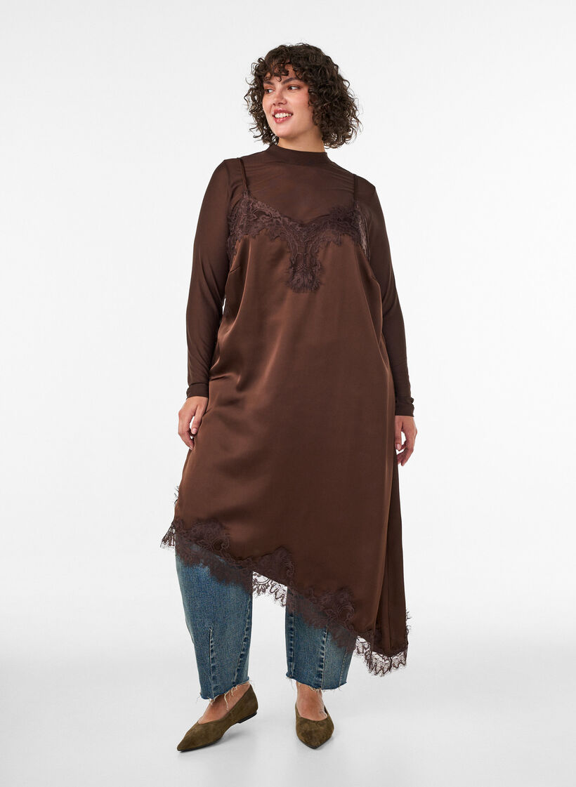 Satin dress with lace and an asymmetrical hem, Brown, Model image number 0
