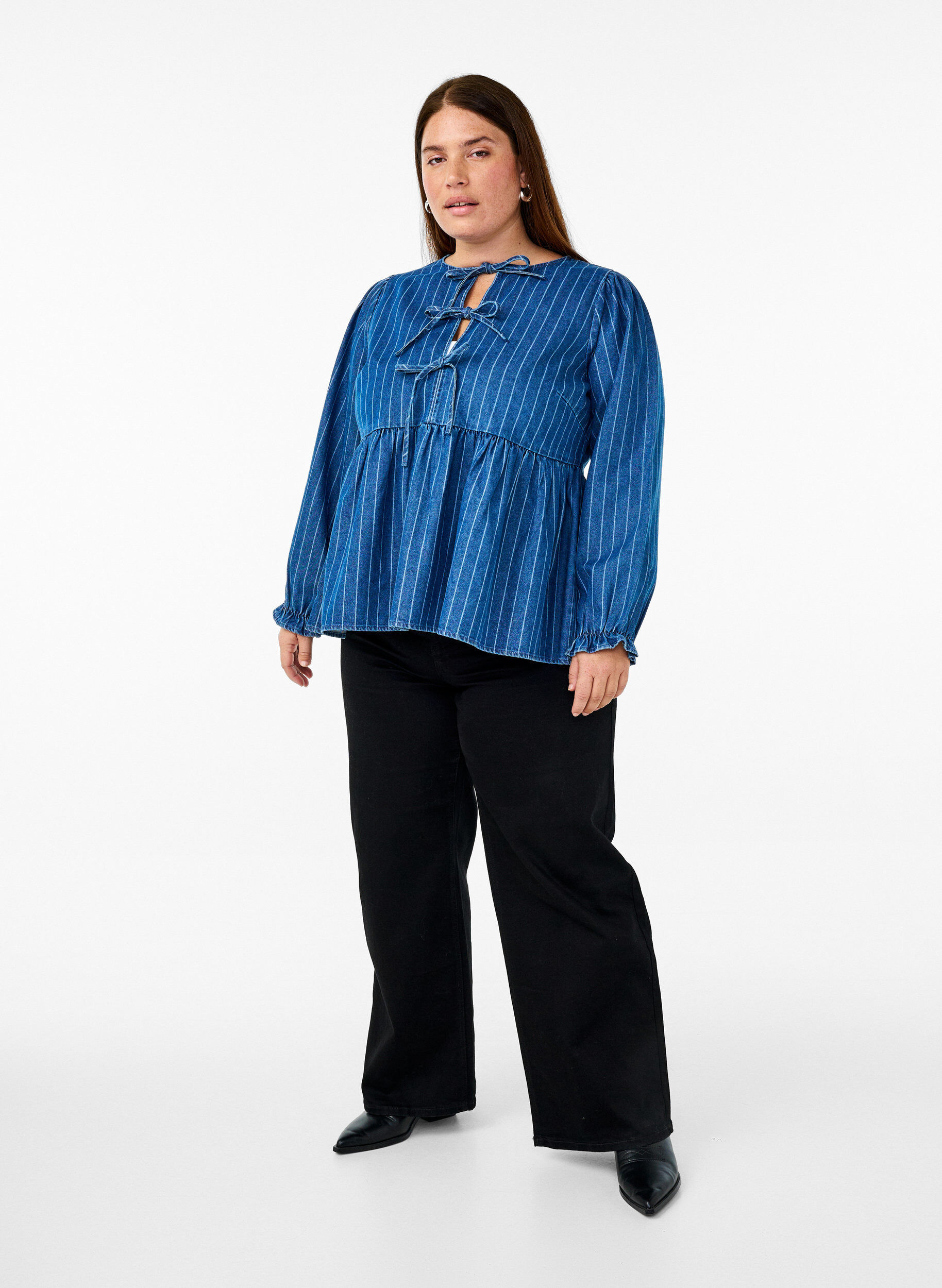 Zizzifashion Striped denim blouse with front tie, Blue, Model image number 1