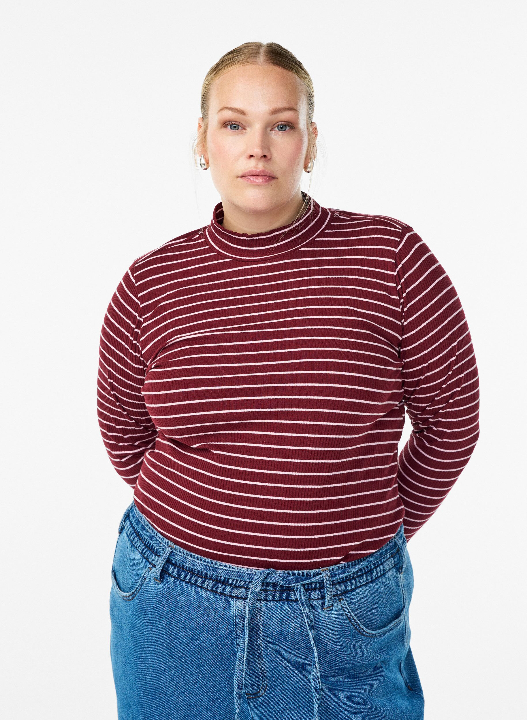 Zizzifashion Striped ribbed jersey blouse with a high neck, Dark Bordeaux, Model image number 0