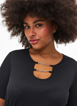 Ribbed blouse with chain detail, Black, Model image number 2