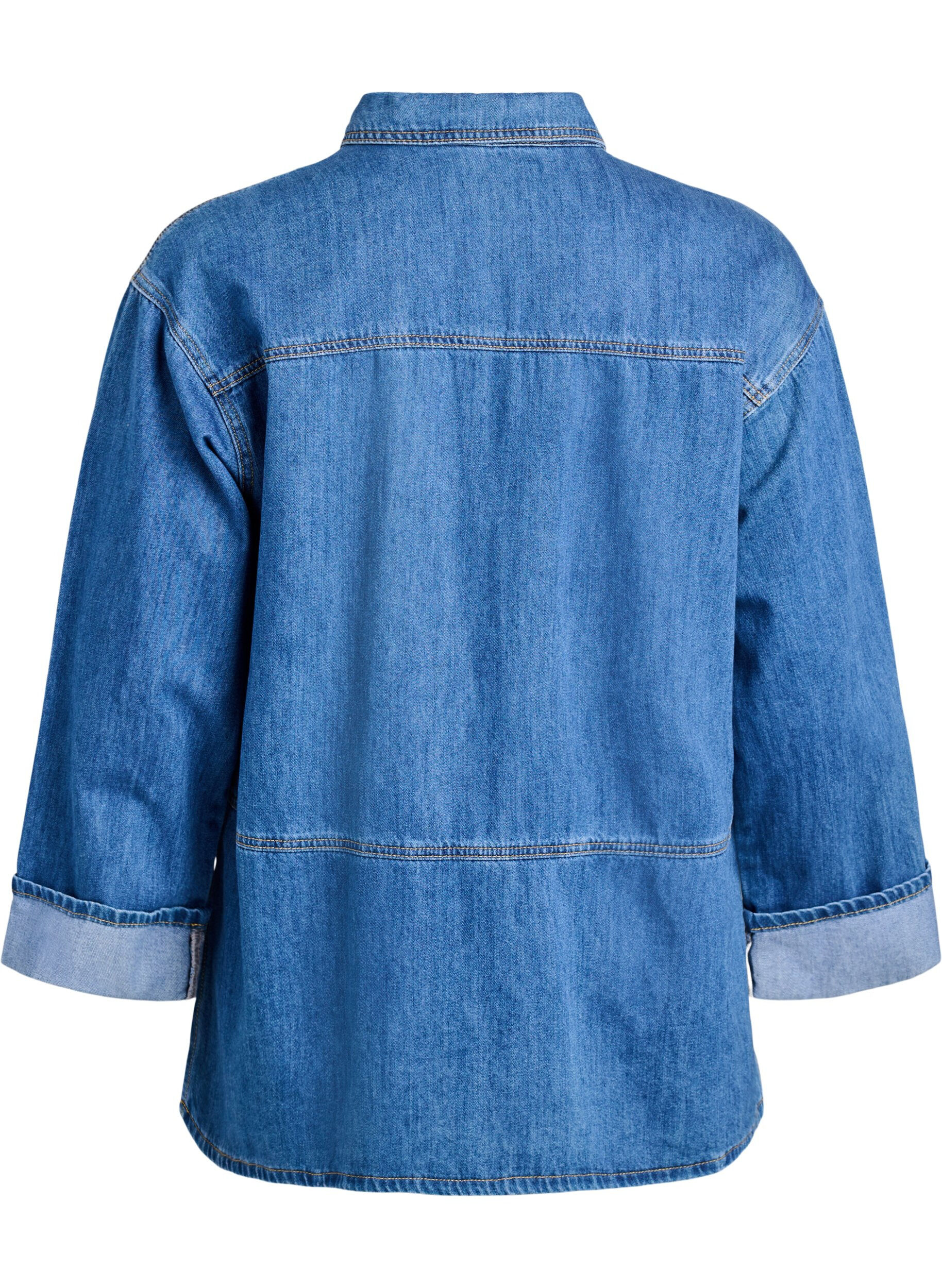 Zizzifashion Loose denim blouse with collar and button placket, Blue, Packshot image number 1