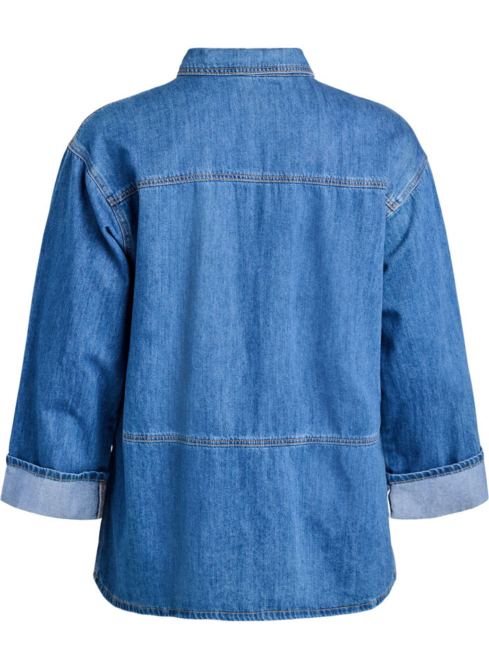 Loose denim blouse with collar and button placket, Blue, Packshot image number 1