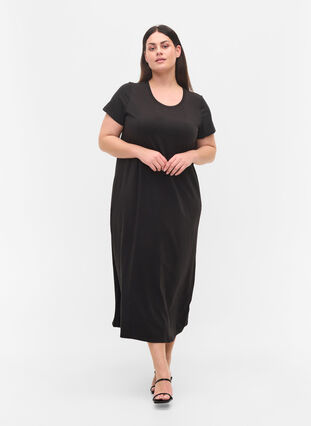 Striped short-sleeved midi dress, Black Solid, Model image number 2