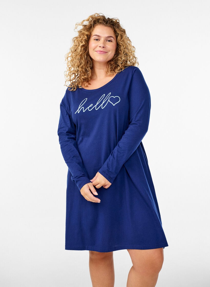 Long-sleeved nightgown in organic cotton, Blue, Model image number 0