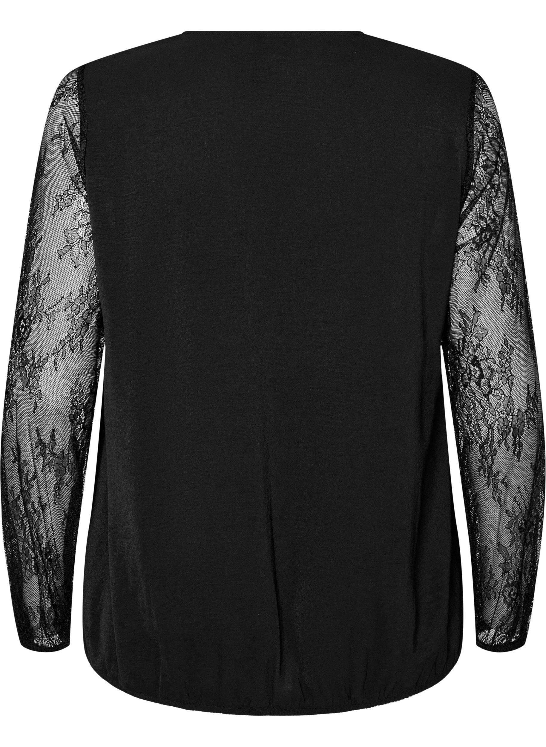ZizzifashionBlouse with lace sleeves and balloon shape, Black, Packshot image number 1