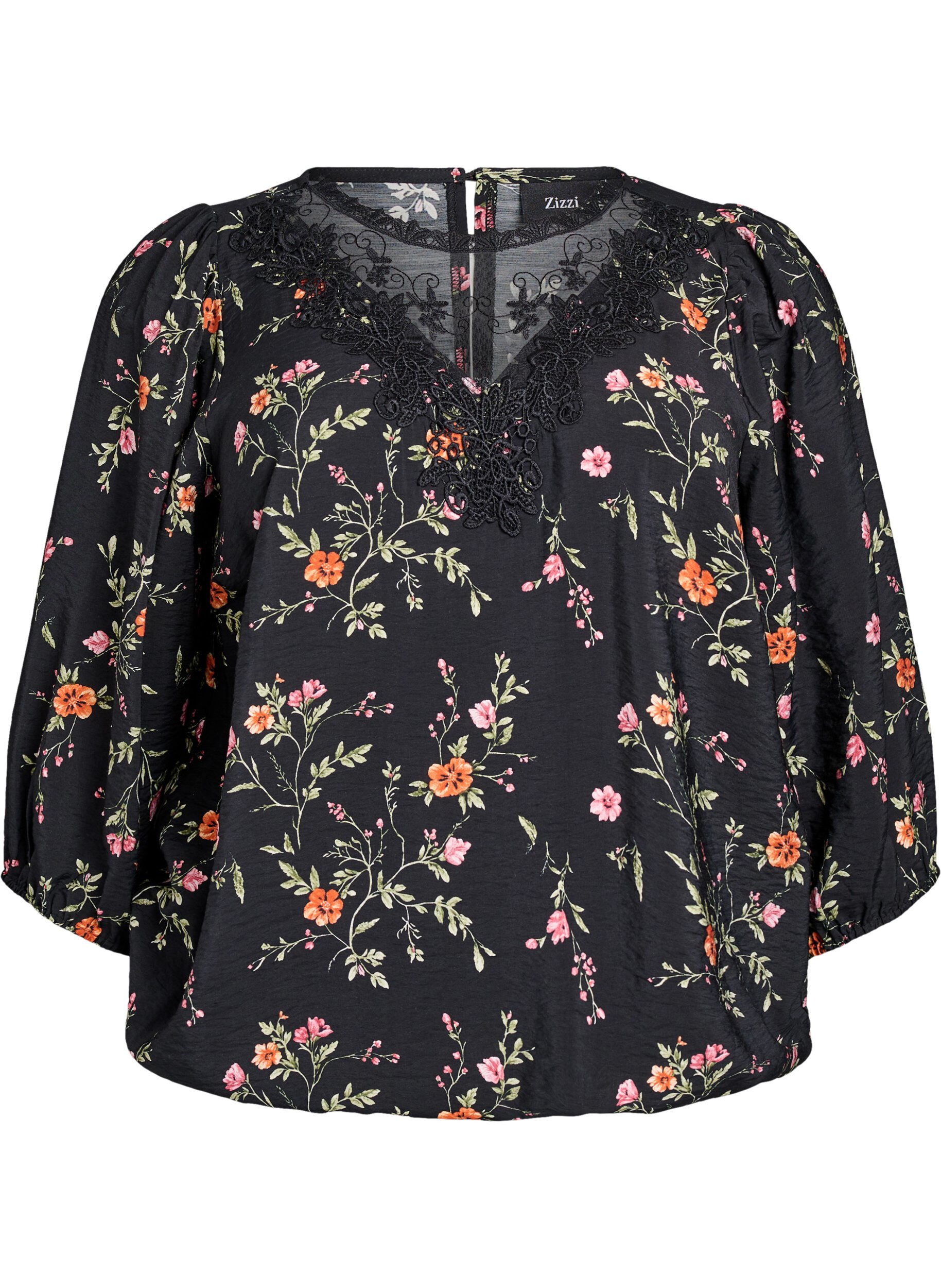 ZizzifashionBlouse with 3/4 sleeves and lace details, Black, Packshot image number 0