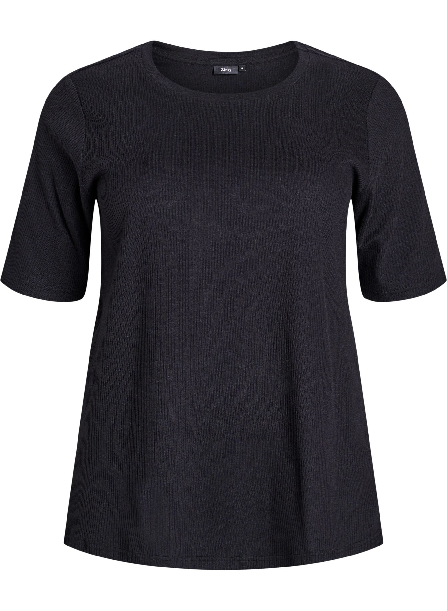 ZizzifashionRibbed jersey blouse with short sleeves, Black, Packshot image number 0