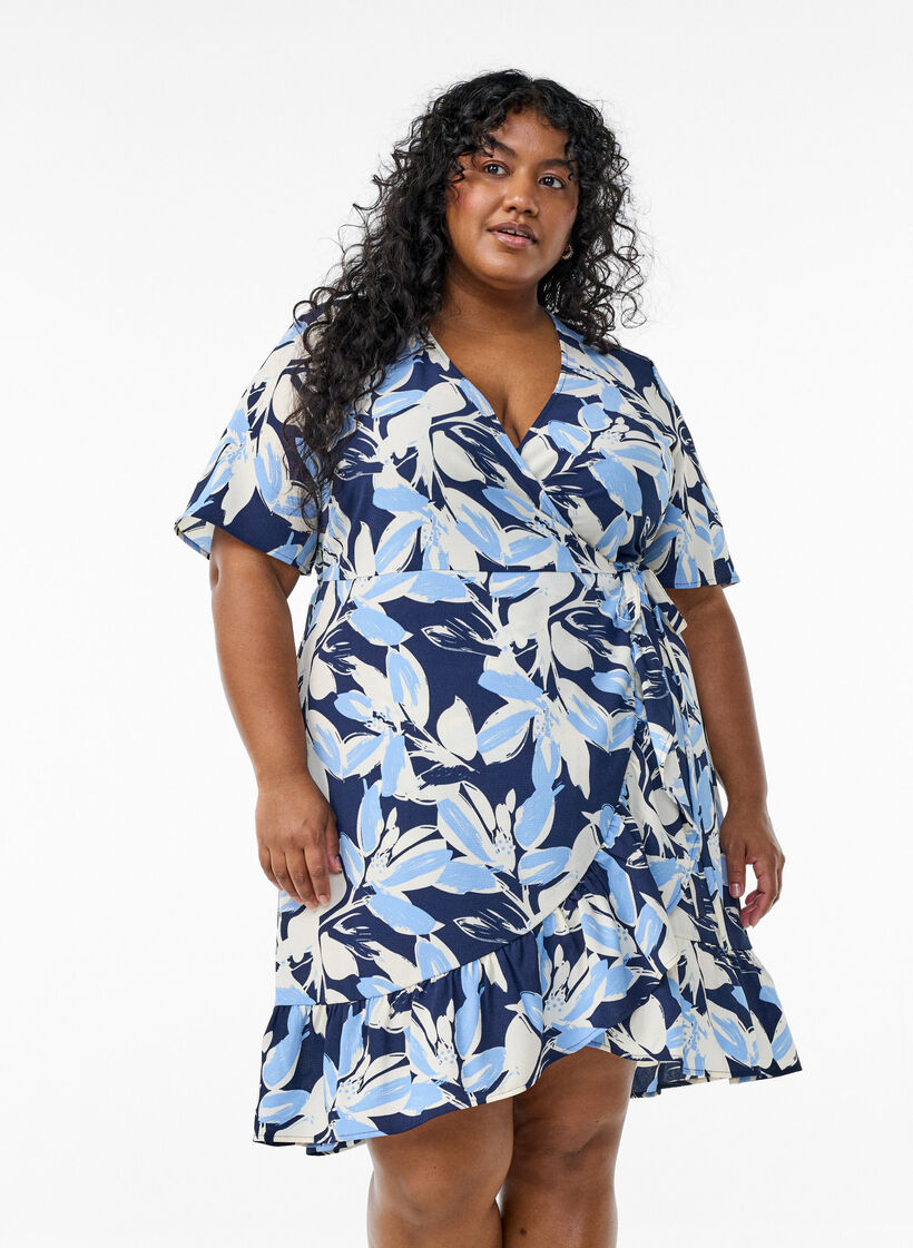 Floral wrap dress with short sleeves, Blue, Model image number 0