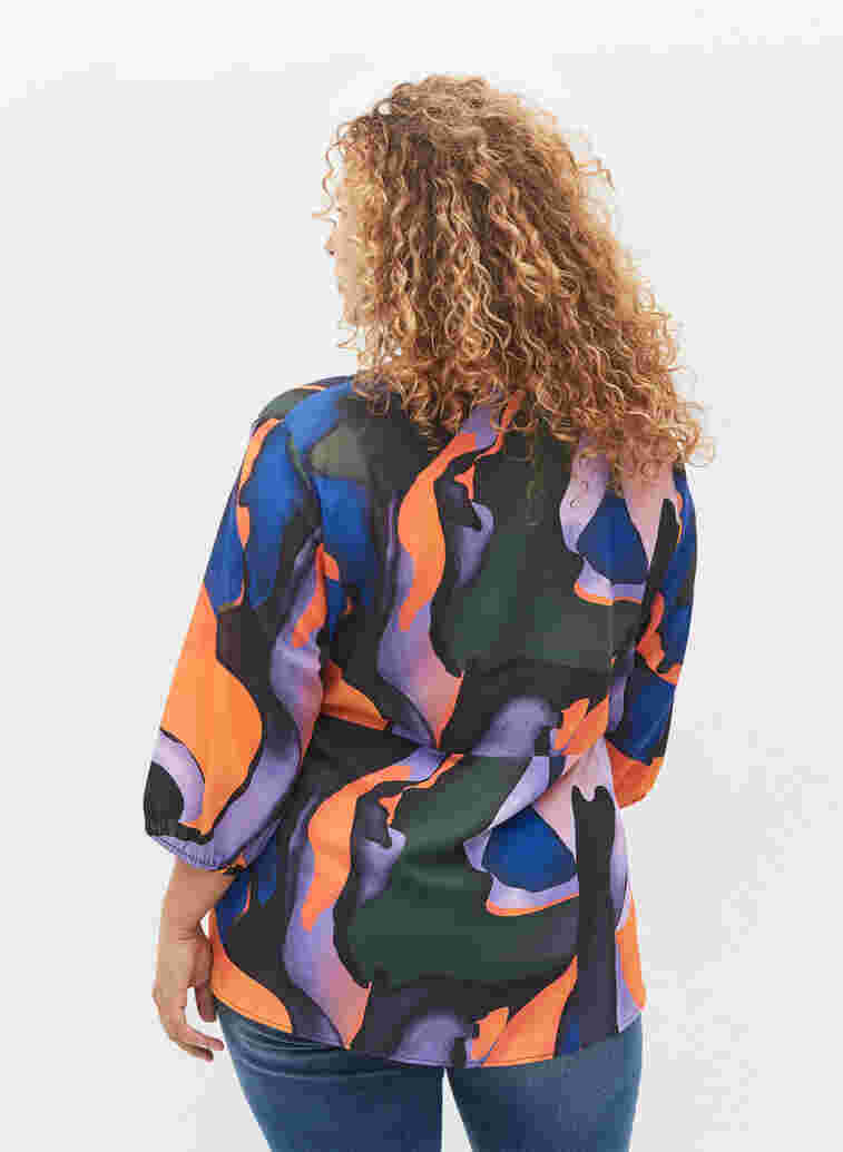Printed blouse with wrap-look and 3/4 sleeves, Big Scale Print, Model image number 1