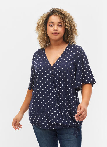 Short-sleeved polka dot wrap blouse, Night Sky Dot, Model image number 0