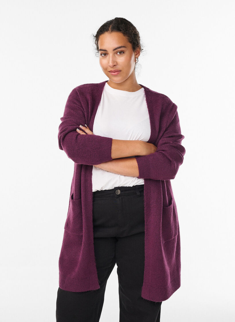 Long knitwear cardigan with pockets, Purple, Model image number 0
