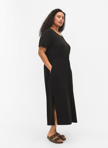 Midi dress in cotton with short sleeves, Black Solid, Model image number 2