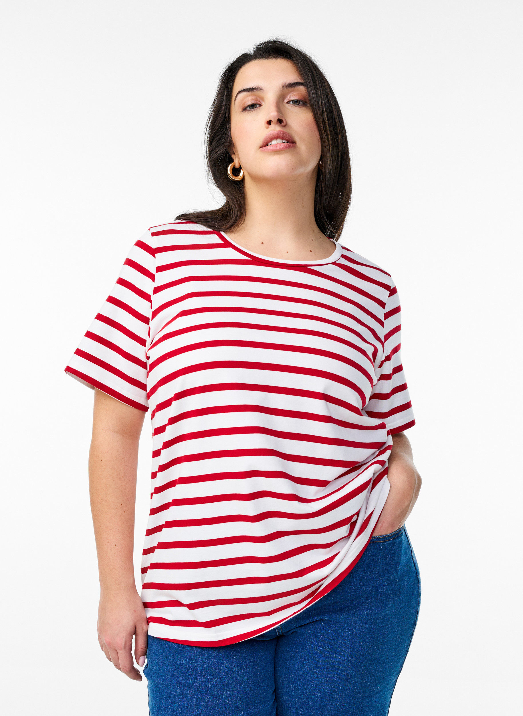 Striped T-shirt in organic cotton, Red, Model