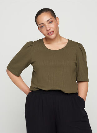 Rib t-shirt with short puff sleeves, Ivy Green, Model image number 0
