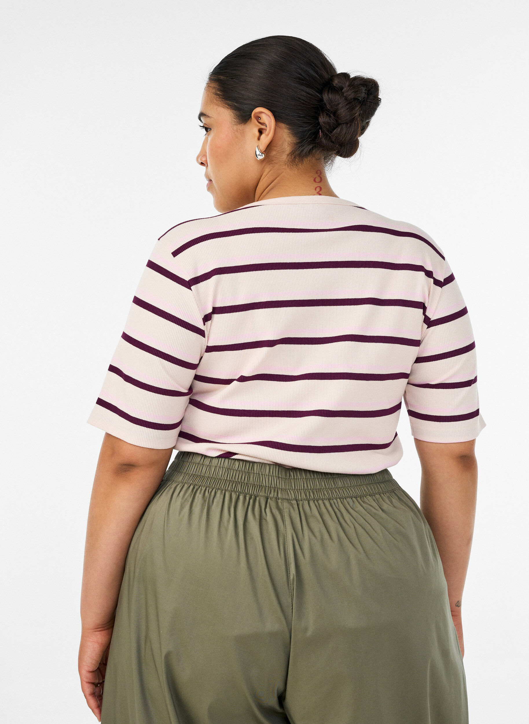 ZizzifashionRib T-shirt with stripes and button detail, Purple, Model image number 2