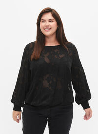 Jacquard blouse with smocking, Black, Model