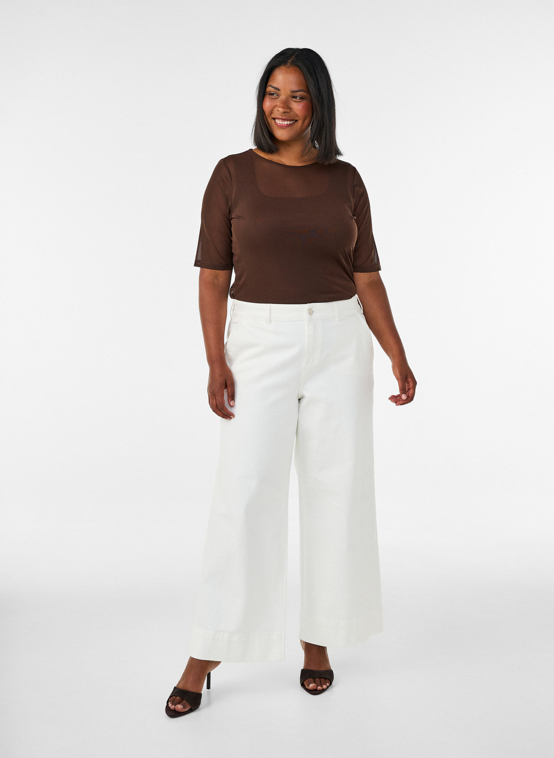 ZizzifashionMesh top with short sleeves and round neck, Brown, Model image number 1