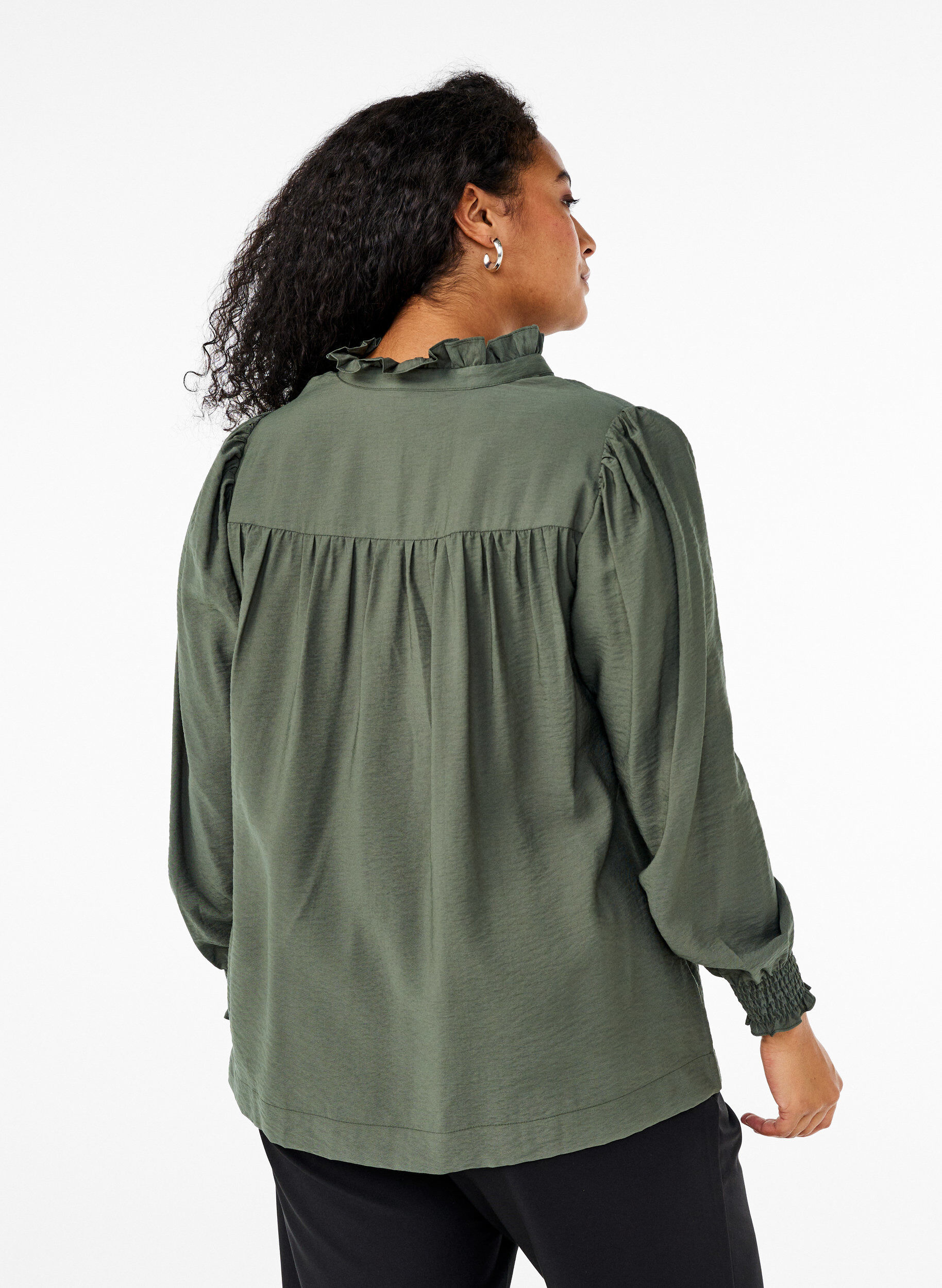 Zizzifashion Blouse with ruffle collar, Green, Model image number 2