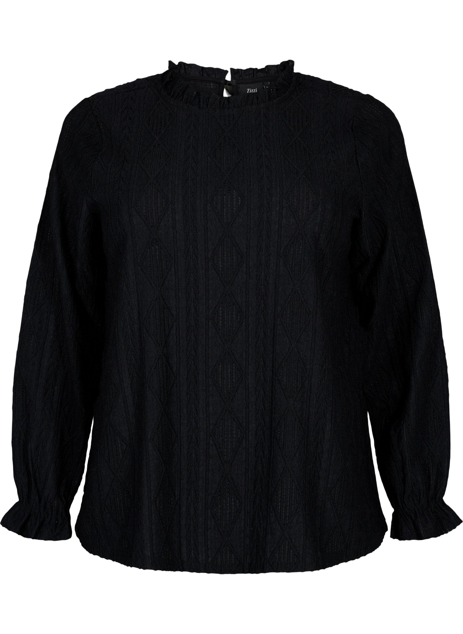 Zizzifashion Blouse with ruffle details and tone-on-tone pattern, Black, Packshot image number 0