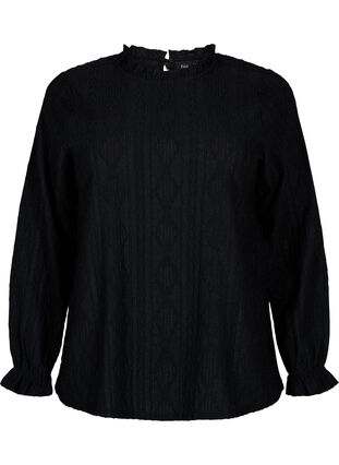 Blouse with ruffle details and tone-on-tone pattern, Black, Packshot image number 0