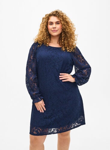 Lace dress with long sleeves - Blue - Sz. 40-64 - Zizzifashion Lace dress with long sleeves - Blue - Sz. 40-64 - Zizzifashion
