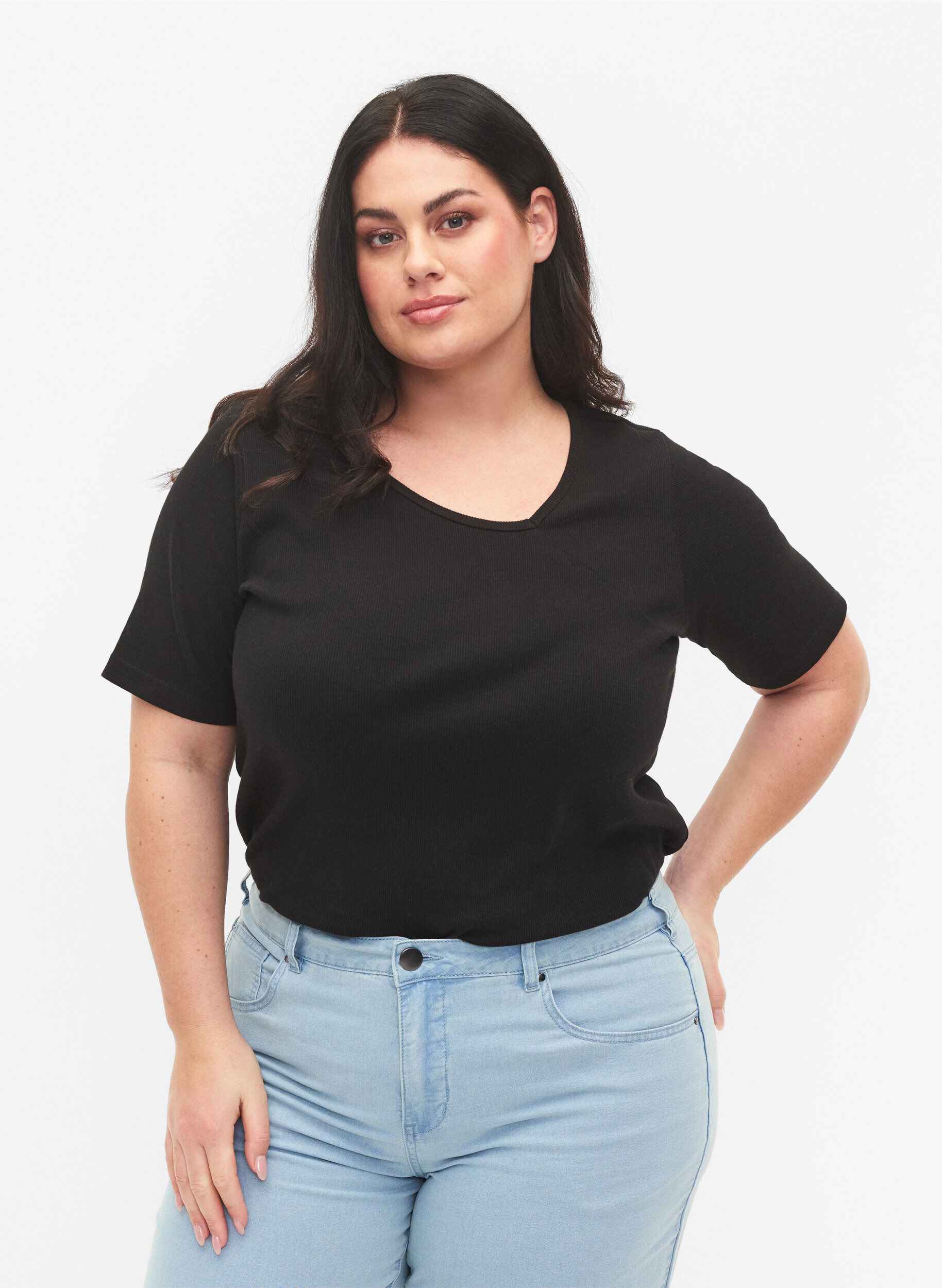 Zizzifashion Short-sleeved cotton top in rib, Black, Model image number 0