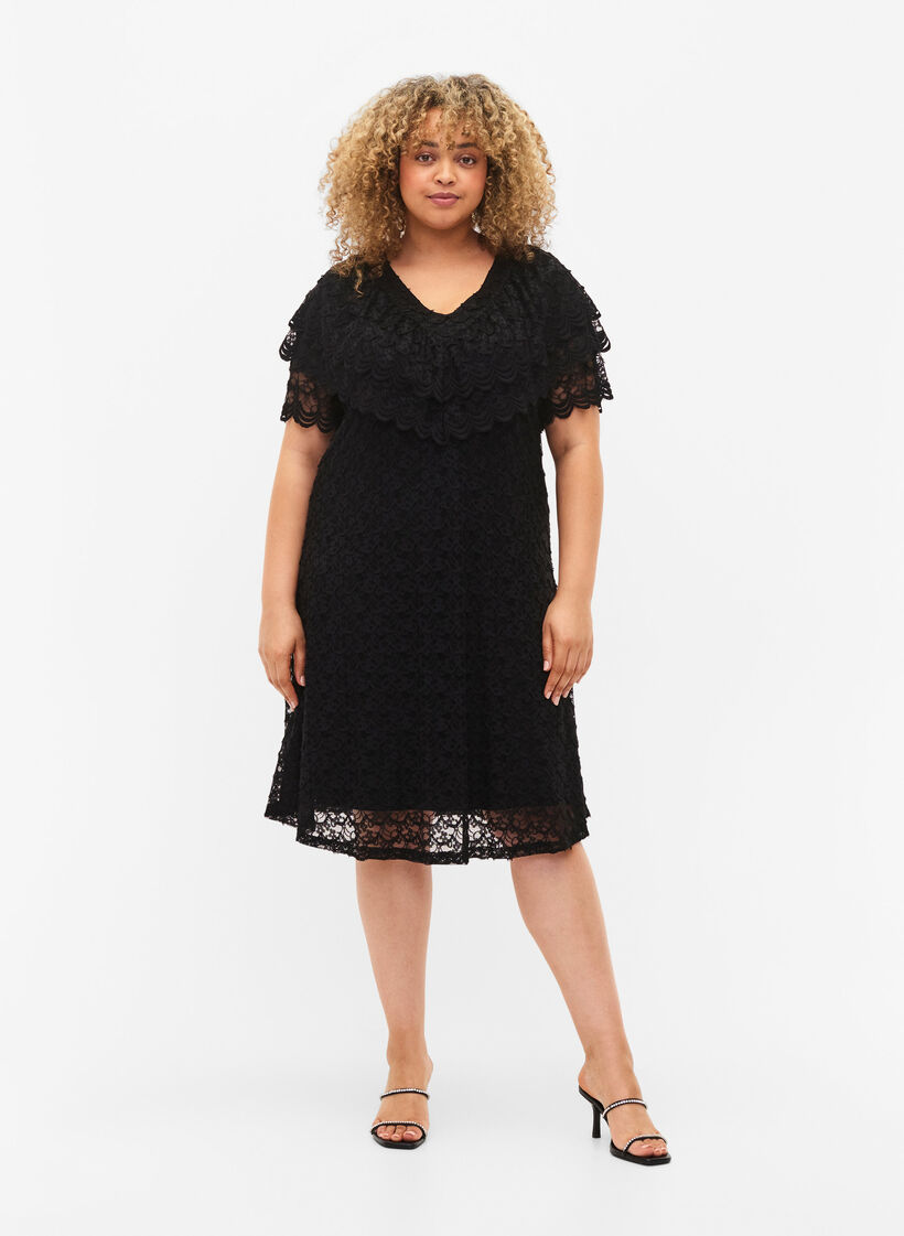 Short-sleeved blonde dress with wide frills, Black, Model image number 2