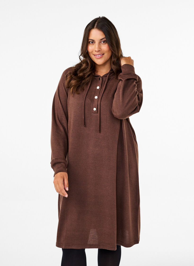 Long-sleeved sweat dress with hood, Chocolate M. Mél., Model image number 0