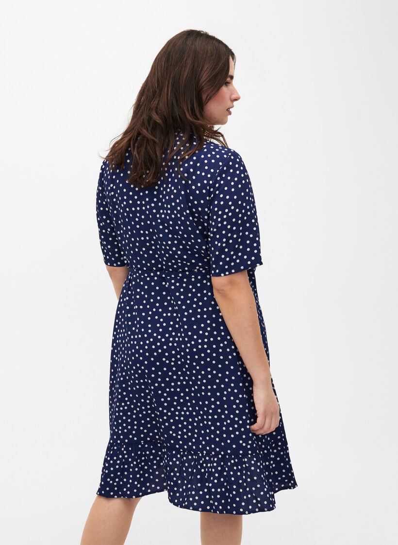 Printed wrap dress with short sleeves, Blue, Model image number 2