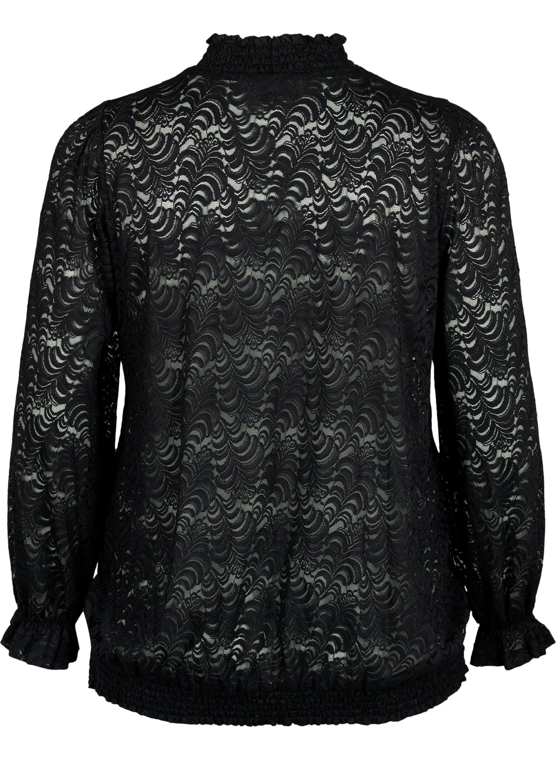 Zizzifashion Long-sleeved lace blouse with smock, Black, Packshot image number 1