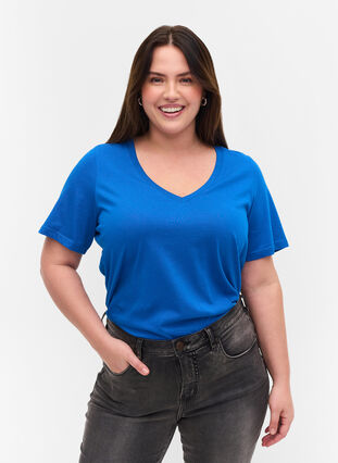 Organic cotton T-shirt with V-neckline, Princess Blue, Model image number 0