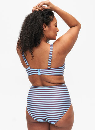 High-waisted bikini bottom with stripes, BlueBrown Stripe AOP, Model image number 1