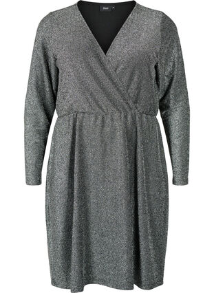 Glitter dress with wrap look and long sleeves, Black Silver, Packshot image number 0