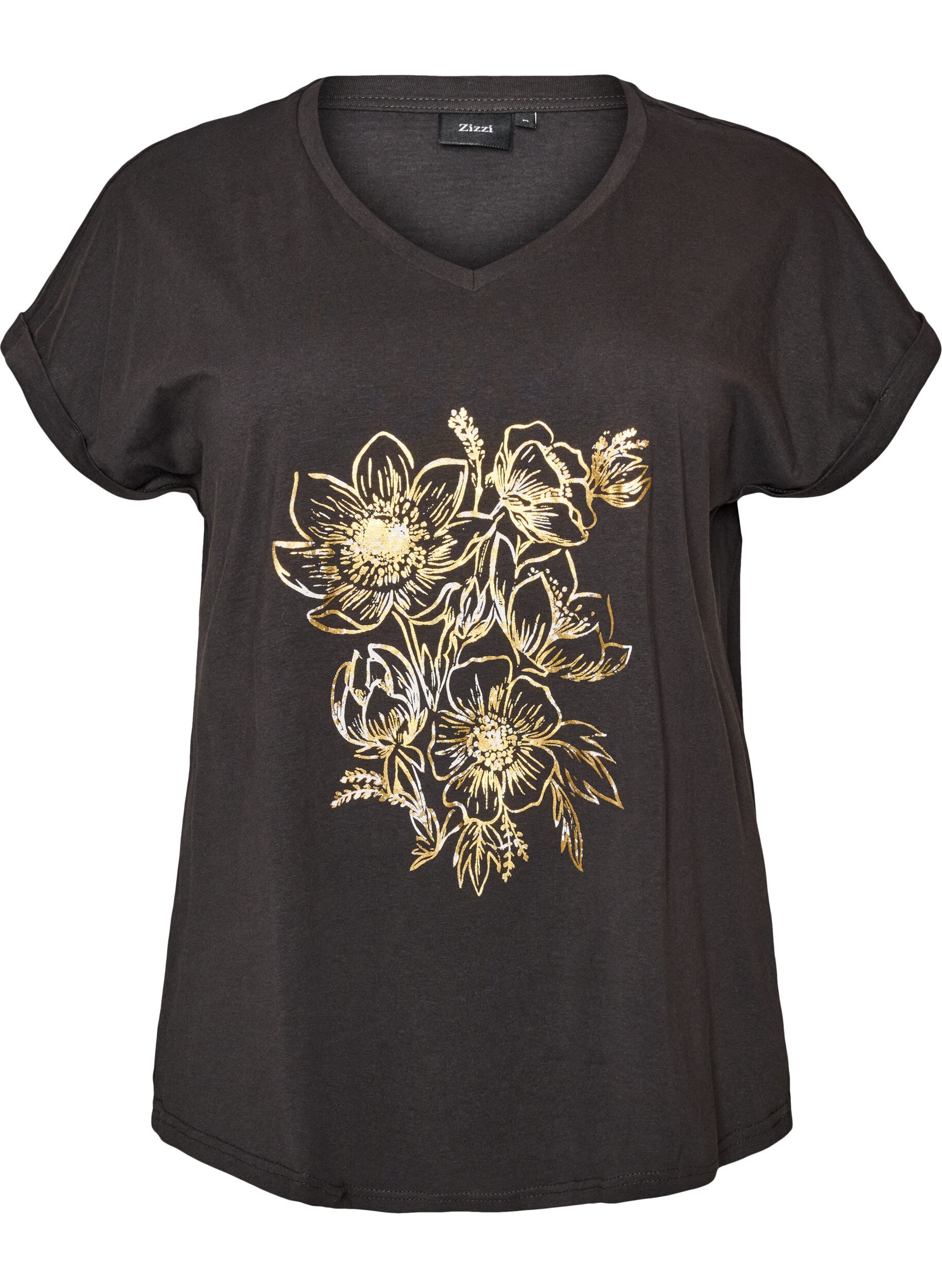 ZizzifashionCotton T-shirt with gold foil print, Dark Grey, Packshot image number 0