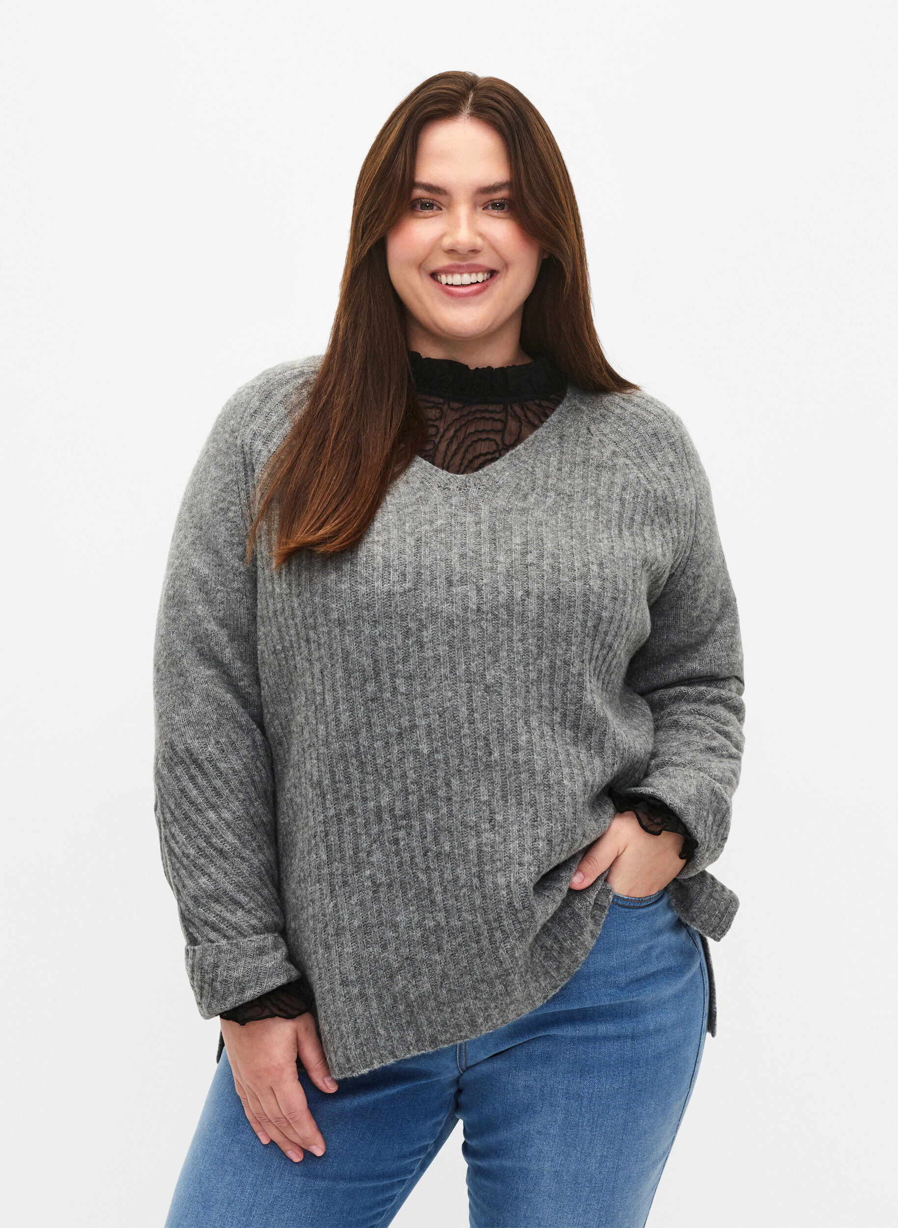 Zizzifashion Knit sweater with slit, Light Grey Melange, Model image number 0